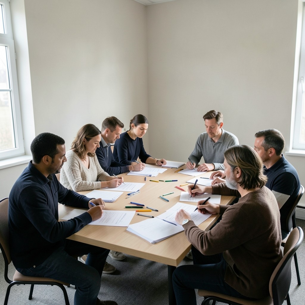 Kleine Gruppe arbeitet an Lebensläufen in einem Seminarraum